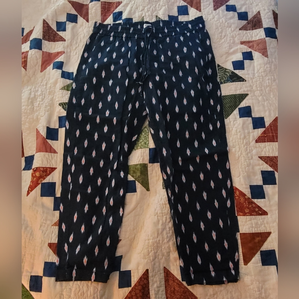 Peacock Patterned Linen Drawstring Ankle Pants - image 1